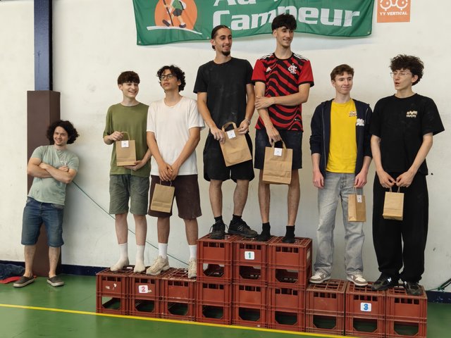 Podium de la compétition Clamart A Bloc : remise des prix aux jeunes grimpeurs du club, mai 2026